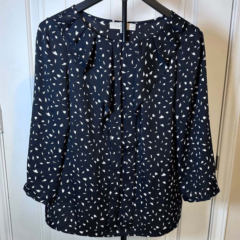 LOFT Women’s Small Petite Abstract Dash Print Ruffled Top Blouse Black